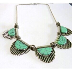 Turquoise blue/green colored on silver tone metal fan necklace 18 in plus 2 in